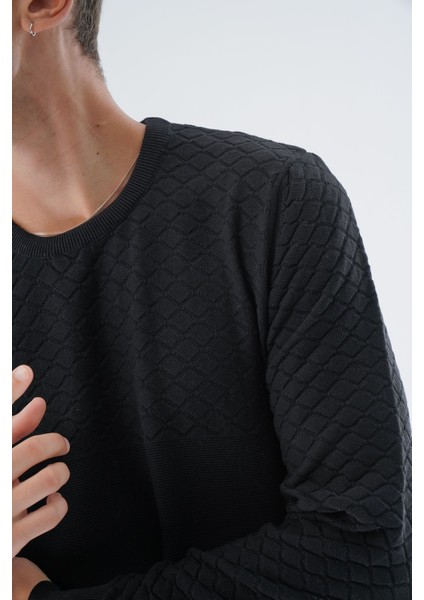 Erkek Siyah Bisiklet Yaka Baklava Desenli Linx %100 Pamuk Triko Kazak TRIST-1202 indirimleri