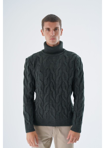 Erkek Haki Balıkçı Yaka Pirinç Saç Örgülü Yün Triko Örme Kazak TRIST-5337