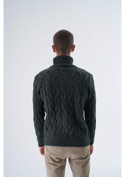 Erkek Haki Balıkçı Yaka Pirinç Saç Örgülü Yün Triko Örme Kazak TRIST-5337 modelleri