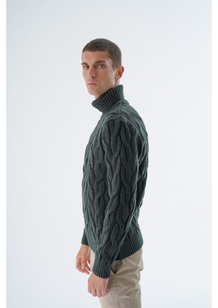 Erkek Haki Balıkçı Yaka Pirinç Saç Örgülü Yün Triko Örme Kazak TRIST-5337 fırsatları