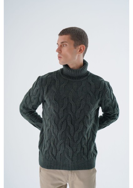 Erkek Haki Balıkçı Yaka Pirinç Saç Örgülü Yün Triko Örme Kazak TRIST-5337 indirimleri