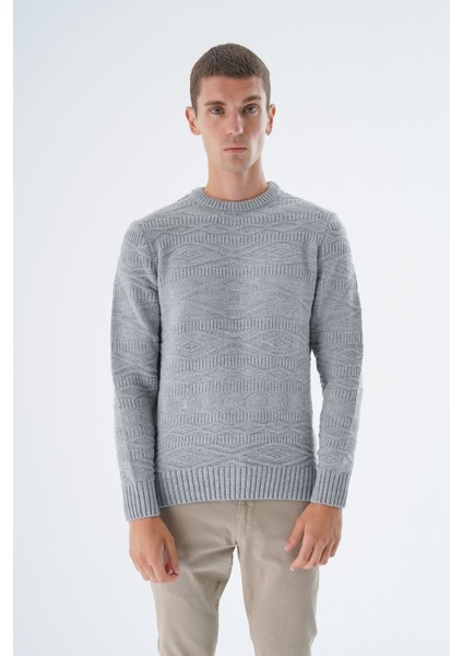 Erkek Gri Bisiklet Yaka Linx Baklava Desenli Yün Triko Örme Kazak TRIST-5332