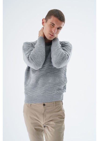 Erkek Gri Bisiklet Yaka Linx Baklava Desenli Yün Triko Örme Kazak TRIST-5332 fiyatları