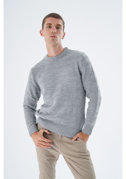 Erkek Gri Bisiklet Yaka Linx Baklava Desenli Yün Triko Örme Kazak TRIST-5332 fırsatları
