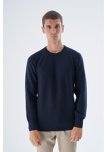 Erkek Lacivert Bisiklet Yaka Baklava Desenli Linx %100 Pamuk Triko Kazak TRIST-1202