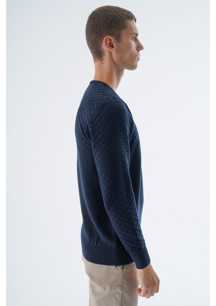 Erkek Lacivert Bisiklet Yaka Baklava Desenli Linx %100 Pamuk Triko Kazak TRIST-1202 fiyatları