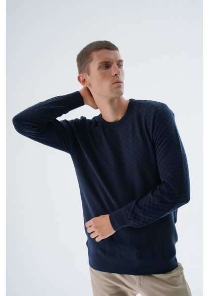 Erkek Lacivert Bisiklet Yaka Baklava Desenli Linx %100 Pamuk Triko Kazak TRIST-1202 modelleri