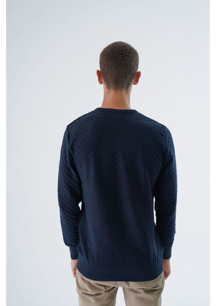 Erkek Lacivert Bisiklet Yaka Baklava Desenli Linx %100 Pamuk Triko Kazak TRIST-1202 fırsatları