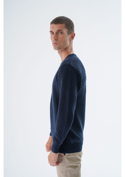 Erkek Lacivert Bisiklet Yaka Baklava Desenli Linx %100 Pamuk Triko Kazak TRIST-1202 indirimleri