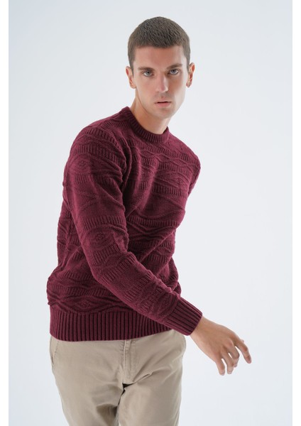 Erkek Bordo Bisiklet Yaka Linx Baklava Desenli Yün Triko Örme Kazak TRIST-5332 modelleri