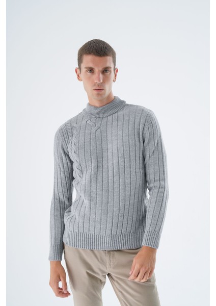 Erkek Gri Yarım Balıkçı Saç Örgülü Arka Kol Fitilli Yün Triko Örme Kazak TRIST-5328