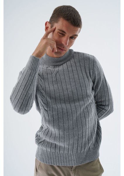 Erkek Gri Yarım Balıkçı Saç Örgülü Arka Kol Fitilli Yün Triko Örme Kazak TRIST-5328 fiyatları