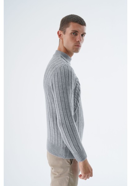 Erkek Gri Yarım Balıkçı Saç Örgülü Arka Kol Fitilli Yün Triko Örme Kazak TRIST-5328 modelleri