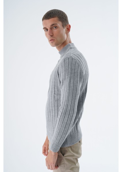 Erkek Gri Yarım Balıkçı Saç Örgülü Arka Kol Fitilli Yün Triko Örme Kazak TRIST-5328 fırsatları