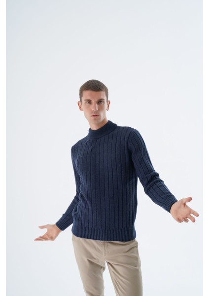 Erkek Lacivert Yarım Balıkçı Saç Örgülü Arka Kol Fitilli Yün Triko Örme Kazak TRIST-5328