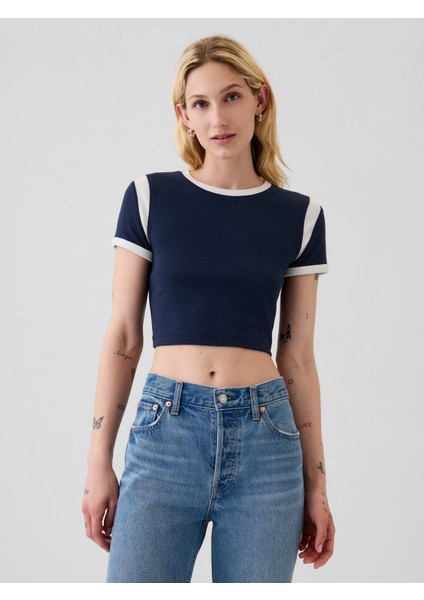 Kadın Lacivert Modern Rib Crop T-Shirt