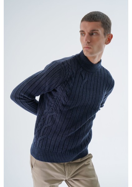 Erkek Lacivert Yarım Balıkçı Saç Örgülü Arka Kol Fitilli Yün Triko Örme Kazak TRIST-5328 fiyatları