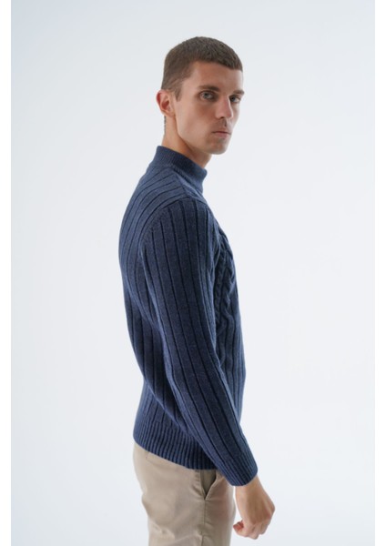 Erkek Lacivert Yarım Balıkçı Saç Örgülü Arka Kol Fitilli Yün Triko Örme Kazak TRIST-5328 modelleri