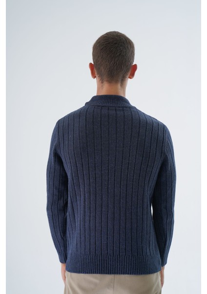 Erkek Lacivert Yarım Balıkçı Saç Örgülü Arka Kol Fitilli Yün Triko Örme Kazak TRIST-5328 fırsatları