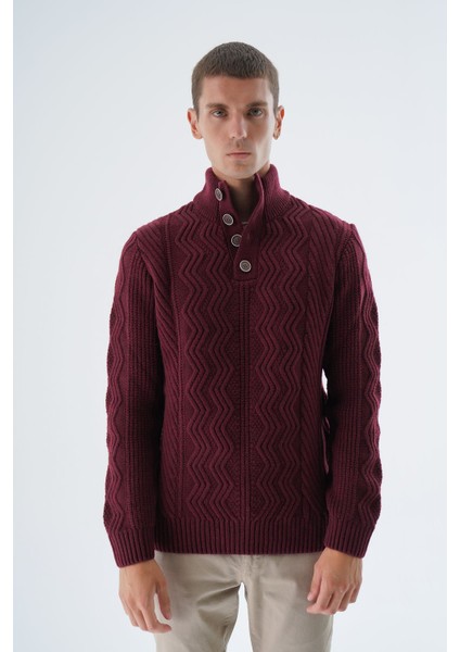 Erkek Bordo Yarım Balıkçı Düğmeli Saç Örgülü Yün Triko Örme Kazak TRIST-5334