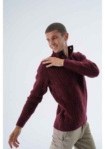 Erkek Bordo Yarım Balıkçı Düğmeli Saç Örgülü Yün Triko Örme Kazak TRIST-5334 fiyatları