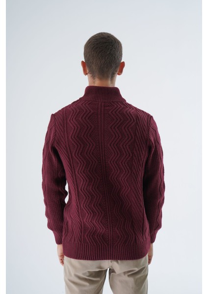 Erkek Bordo Yarım Balıkçı Düğmeli Saç Örgülü Yün Triko Örme Kazak TRIST-5334 fırsatları