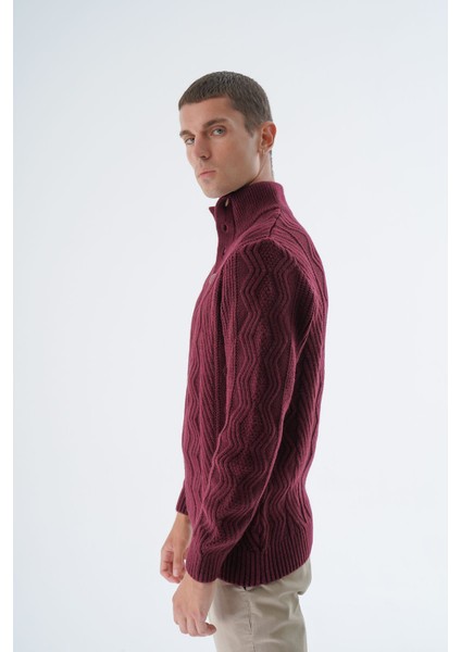 Erkek Bordo Yarım Balıkçı Düğmeli Saç Örgülü Yün Triko Örme Kazak TRIST-5334 indirimleri