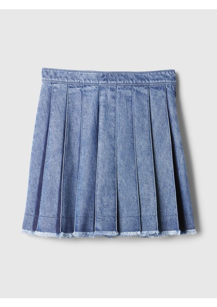 Kadın Mavi Pileli Denim Mini Etek