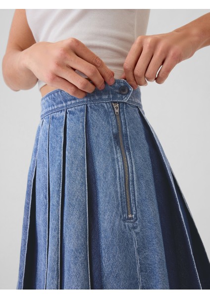 Kadın Mavi Pileli Denim Mini Etek