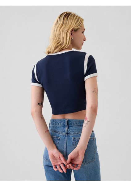 Kadın Lacivert Modern Rib Crop T-Shirt