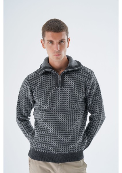 Erkek Antrasit Kamyon Yaka Jakarlı Üç Renkli Fermuarlı Yün Triko Örme Kazak TRIST-5340