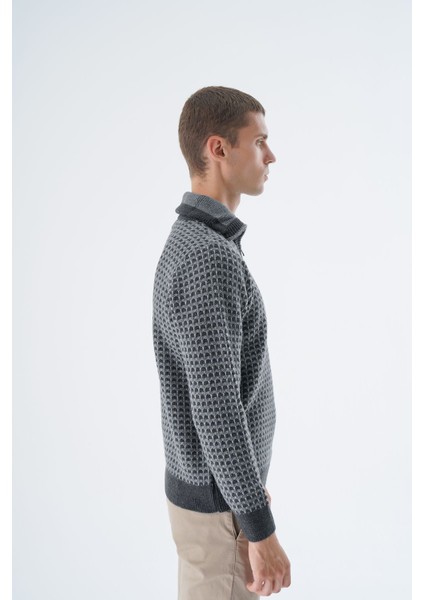 Erkek Antrasit Kamyon Yaka Jakarlı Üç Renkli Fermuarlı Yün Triko Örme Kazak TRIST-5340 fiyatları
