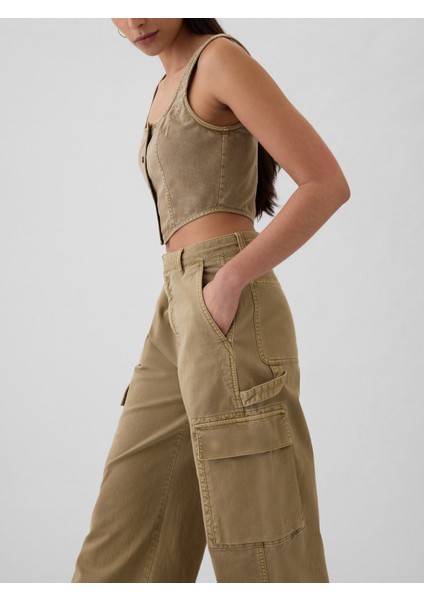 Kadın Koyu Bej Low Rise Baggy Kargo Khaki Pantolon