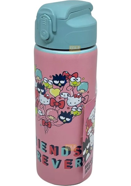 600 ml Hello Kitty Lisanslı Pipetli Kilitlenebilir Kapak Paslanmaz Çelik Termos Matara Pembe