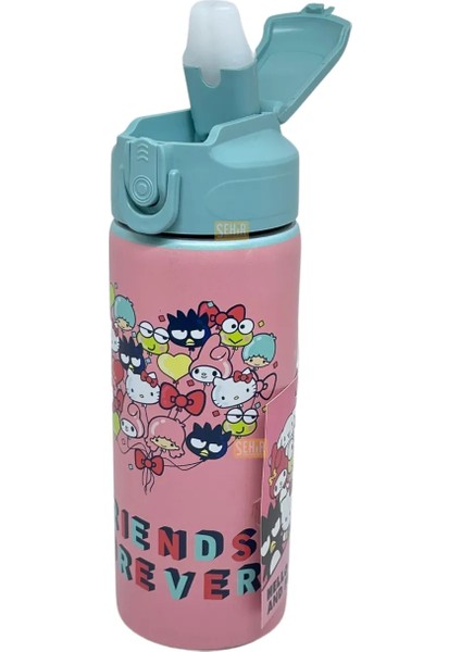 600 ml Hello Kitty Lisanslı Pipetli Kilitlenebilir Kapak Paslanmaz Çelik Termos Matara Pembe