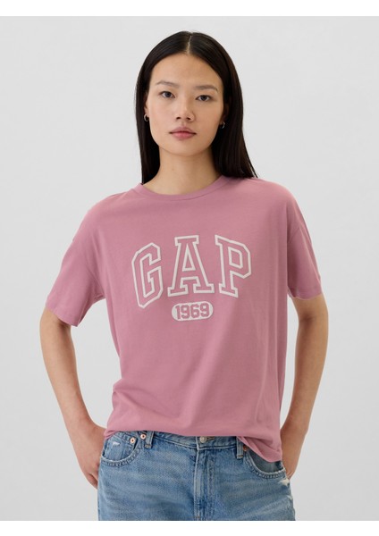 Kadın Pembe Organik Pamuk Gap Logo Oversized Boyfriend T-Shirt