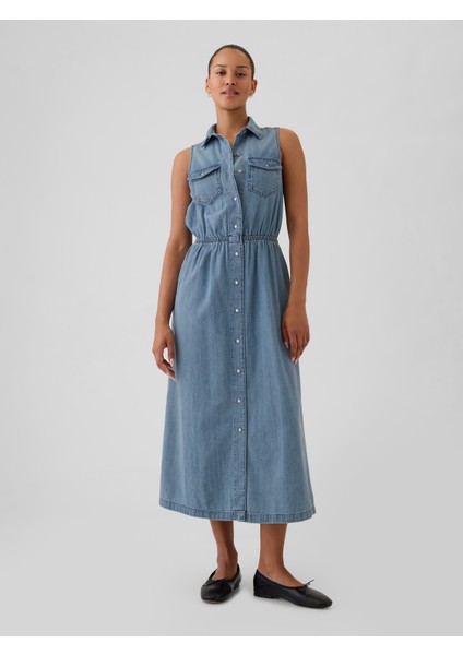 Kadın Açık Mavi Western Denim Midi Elbise