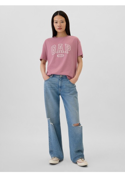 Kadın Pembe Organik Pamuk Gap Logo Oversized Boyfriend T-Shirt