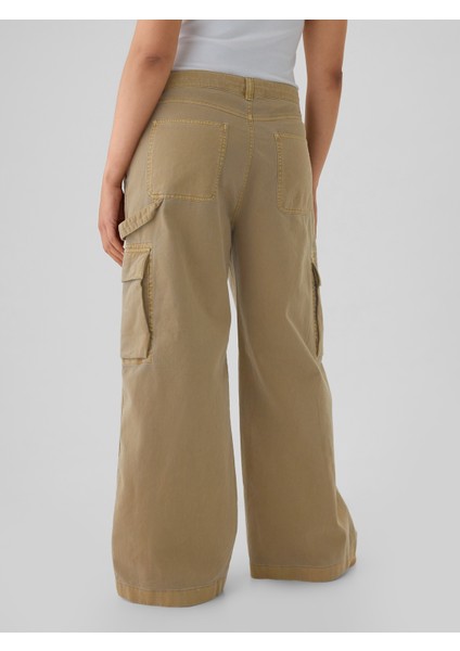 Kadın Koyu Bej Low Rise Baggy Kargo Khaki Pantolon