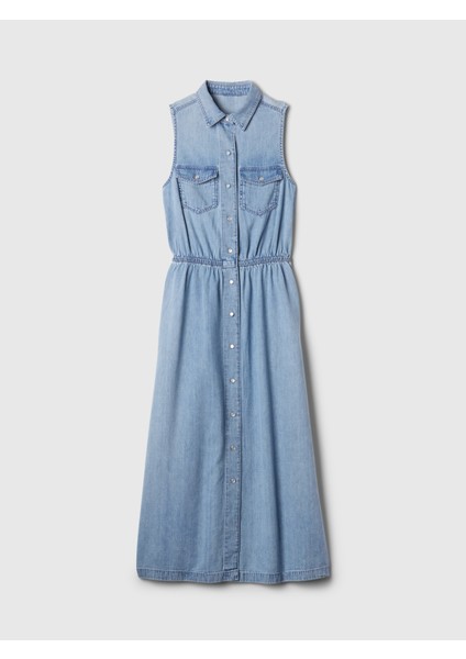 Kadın Açık Mavi Western Denim Midi Elbise