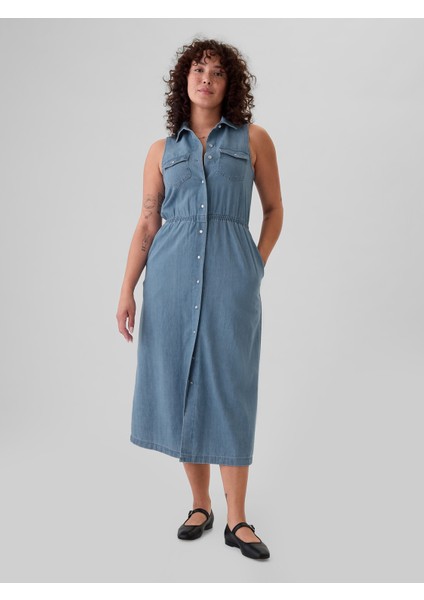 Kadın Açık Mavi Western Denim Midi Elbise