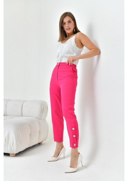 Kadın Dar Paça Düğmeli Pantolon Fuşya modelleri
