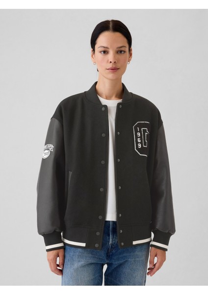 Kadın Siyah Yün Varsity Logo Boyfriend Ceket