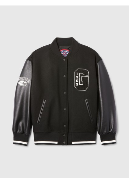 Kadın Siyah Yün Varsity Logo Boyfriend Ceket fiyatları