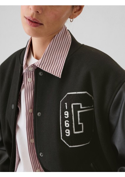 Kadın Siyah Yün Varsity Logo Boyfriend Ceket modelleri