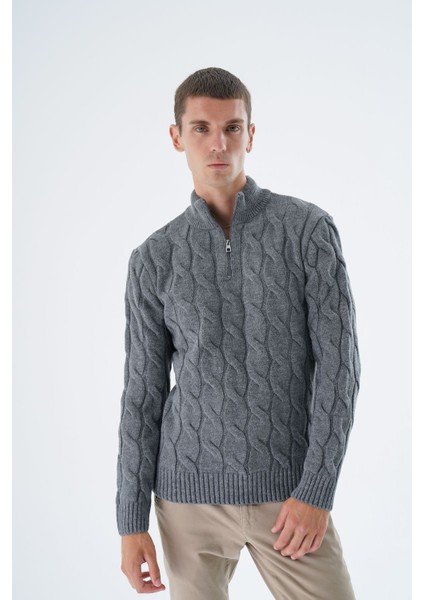 Erkek Koyu Gri Yarım Balıkçı Fermuarlı Saç Örgülü Yün Triko Örme Kazak TRIST-5339