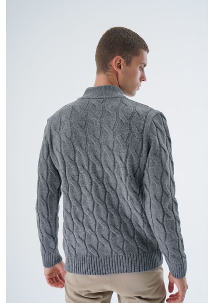 Erkek Koyu Gri Yarım Balıkçı Fermuarlı Saç Örgülü Yün Triko Örme Kazak TRIST-5339 modelleri