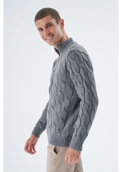 Erkek Koyu Gri Yarım Balıkçı Fermuarlı Saç Örgülü Yün Triko Örme Kazak TRIST-5339 fırsatları