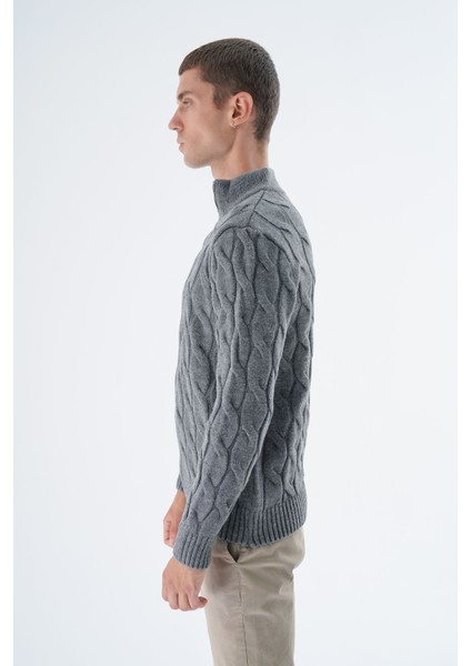 Erkek Koyu Gri Yarım Balıkçı Fermuarlı Saç Örgülü Yün Triko Örme Kazak TRIST-5339 indirimleri