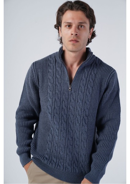 Erkek Lacivert Saç Örgülü Dik Yaka Fermuarlı Yünlü Kazak TRIST-5300